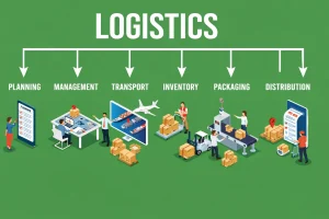 A green background with the different parts to Logistics Strategies marked out one by one. starts with planning, management, transport, inventory, packaging and distribution